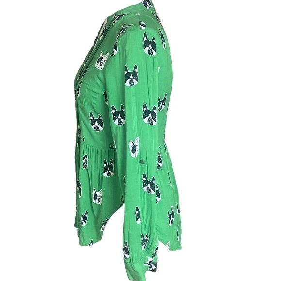Maeve Anthropologie French bull dog blouse size 0 green - Picture 4 of 7